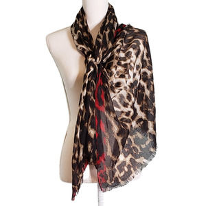 Chic Elegance: Lightweight Animal Print Scarf with Red Stripes